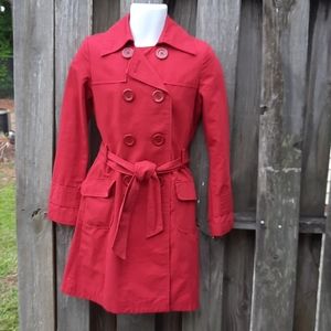 Tulle Double Breasted Coat Jacket Trench with belt Red Size Medium Pockets